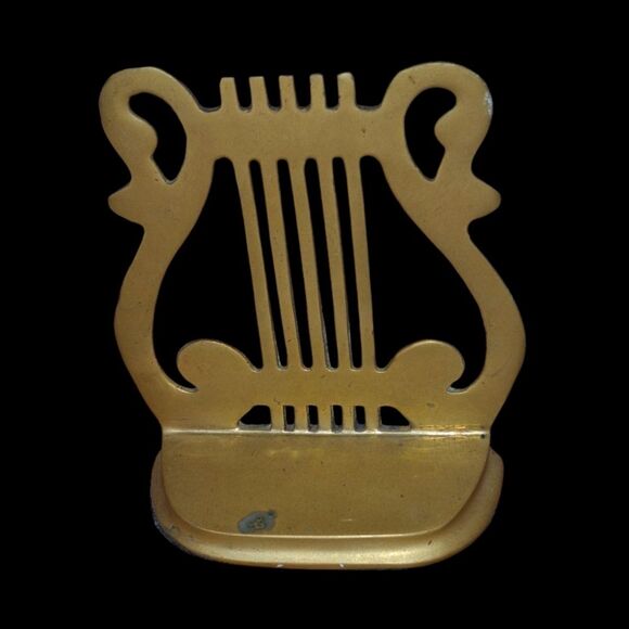 Brass‎ Musical Lyre Harp Bookend Musician Mid Century MCM Vintage Patina ONE - Picture 1 of 14